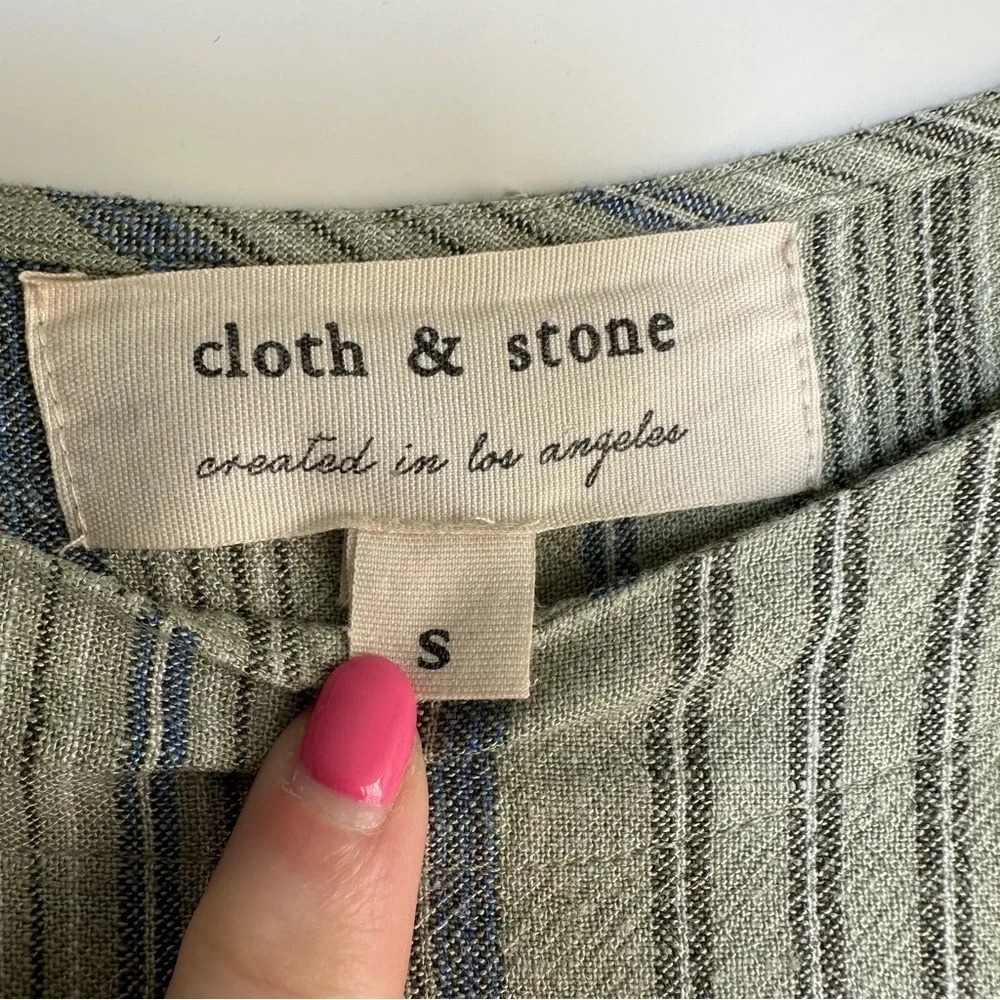 Cloth & Stone Linen Blend Tunic Dress Striped Short Sleeve Size Small Sage Green - Picture 3 of 11